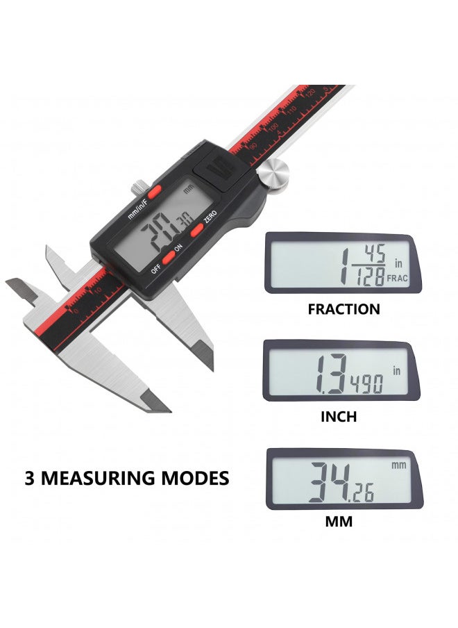 VINCA DCLA-0605 0-6 Inch/150mm Electronic Digital Vernier Caliper Inch/Millimeter/Fraction Stainless Steel Large LCD Screen Measuring Tool