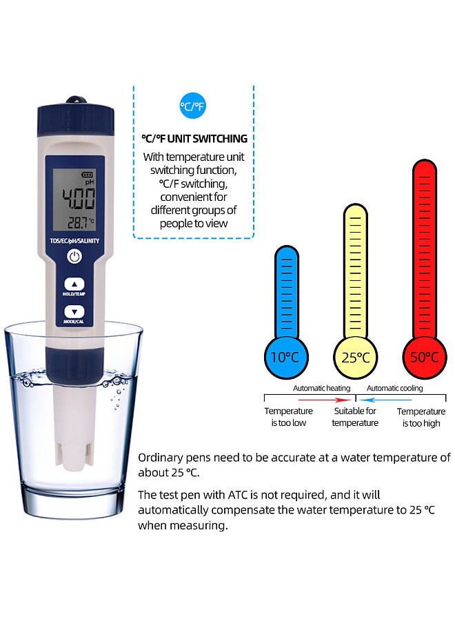 5 in 1 Water Quality Tester Digital Meter Water Quality Analyzer Detector PH/ TDS/ EC/ Temperature/ Salinity Testing IP67 Water Resistance Backlight Display