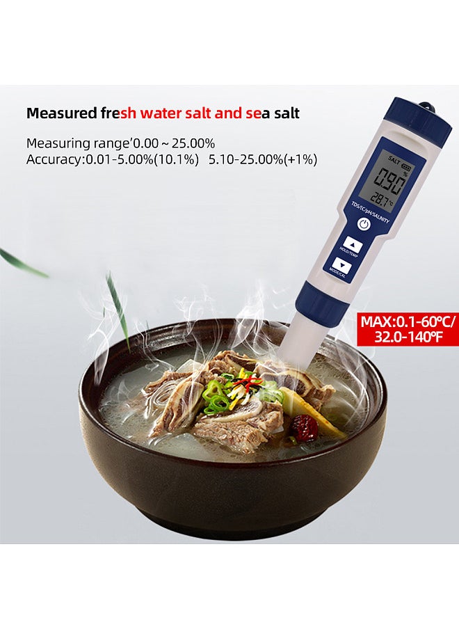 5 in 1 Water Quality Tester Digital Meter Water Quality Analyzer Detector PH/ TDS/ EC/ Temperature/ Salinity Testing IP67 Water Resistance Backlight Display