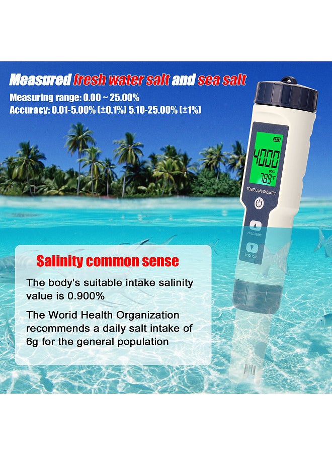 5 in 1 Professional Multi-parameter Combo Testing Meter PH/EC/TDS/Salinity/Thermometer Digital Multi-Function Tester Water Quality Tester