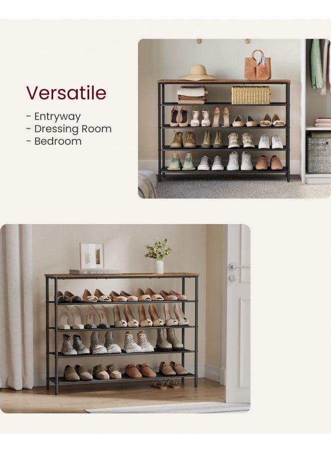 VASAGLE Shoe Rack, 5 Tier Shoe Storage Rack for 20-24 Pairs of Shoes, Shoe Organizer for Entryway, with 4 Fabric Shelves and Wooden Top, Steel Frame, Industrial, Rustic Brown and Black ULBS136B01