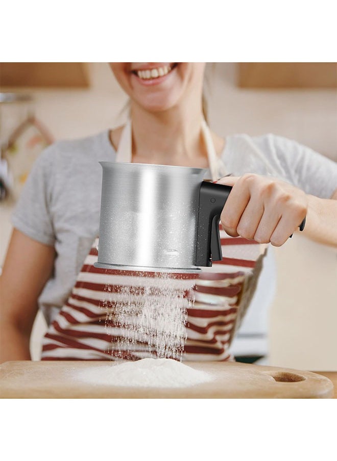 Flour Sifter, 3 Cup Stainless Steel, Double Layer Fine Mesh, One Hand Press Crank for Effortless Sifting, Ideal for Baking, Cake Making, and Powdered Sugar Dusting, Durable and Easy to Clean