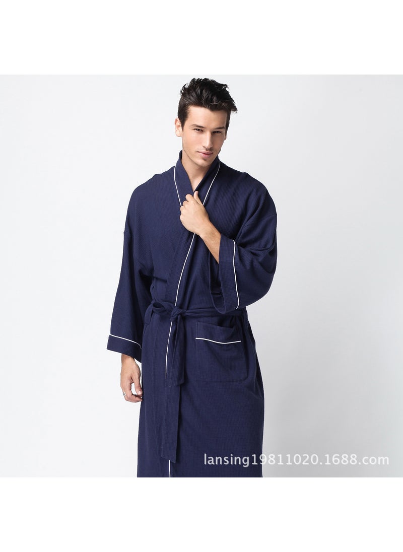 Luxury Waffle Cotton Bathrobe for Couples Navy blue trim