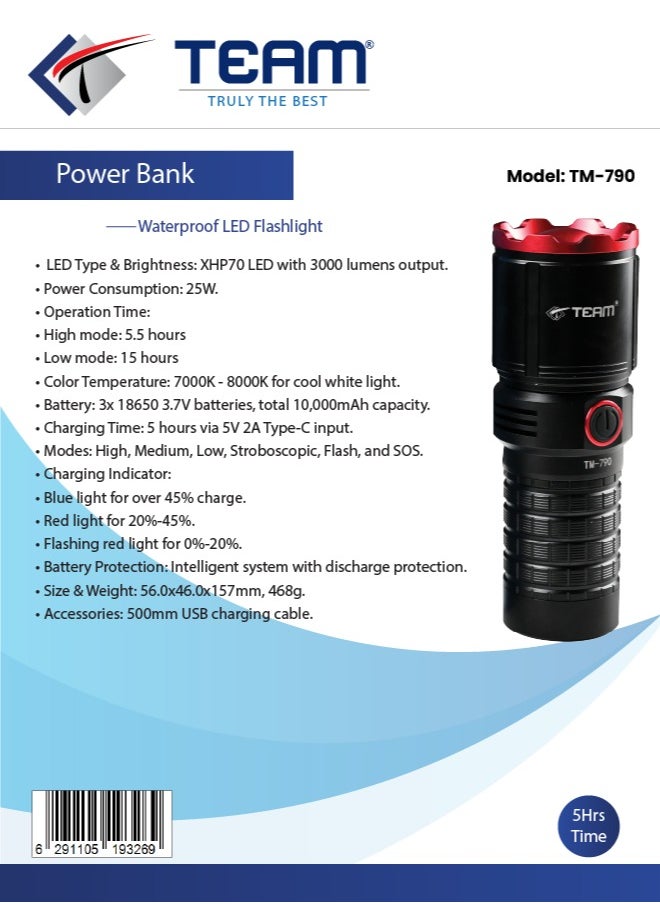 TEAM LED Torch with Power Bank | Portable Power Bank Flashlight | Travel-Friendly Torch | Fast Charging Power Bank.