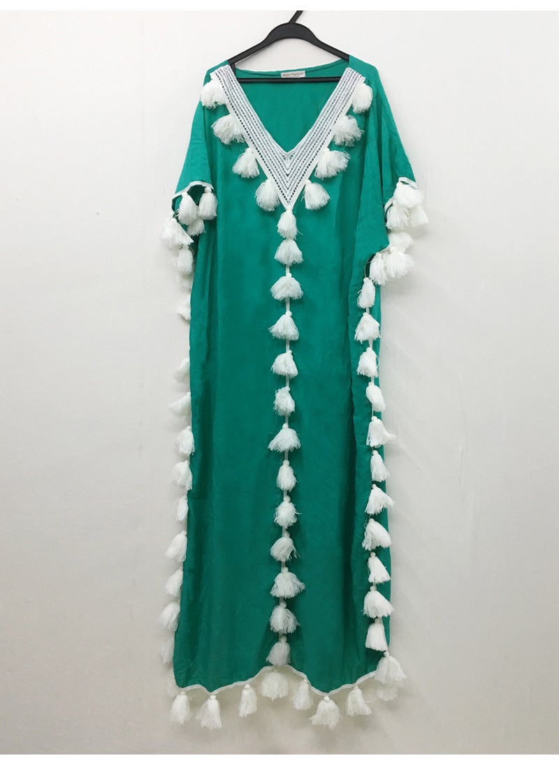 Boho Chic Plus Size Kaftan Tassel Gown Green