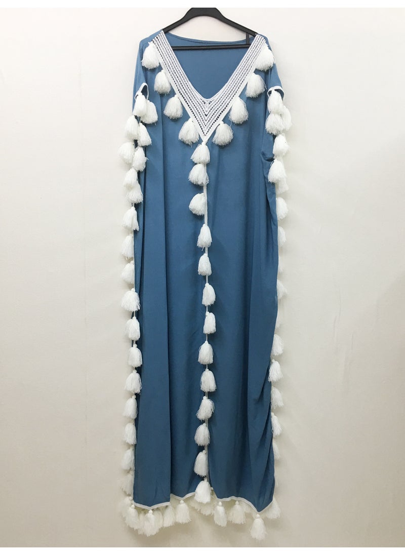 Boho Chic Plus Size Kaftan Tassel Gown Gray Blue