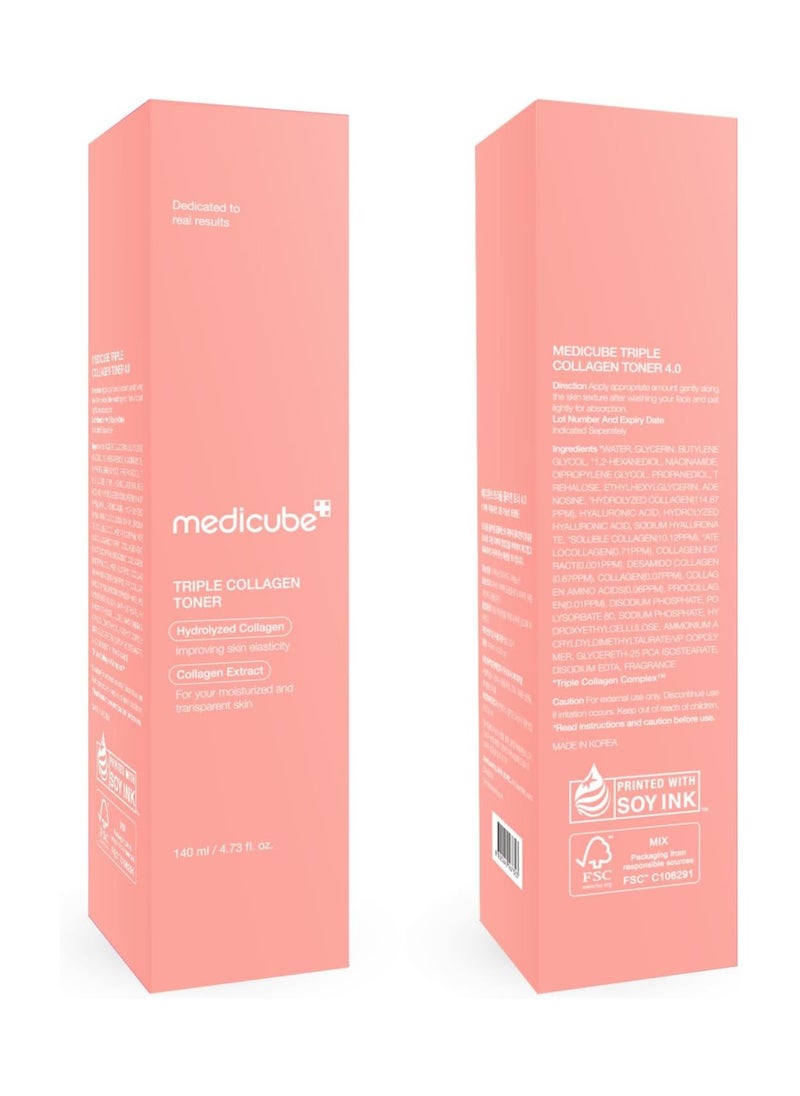 Medicube Triple Collagen Toner - Hydrolyzed, Atelo, & Soluble Collagen for Deep Hydration & Plump Skin - Fast-Absorbing Formula for All-Day Suppleness, Korean Skincare