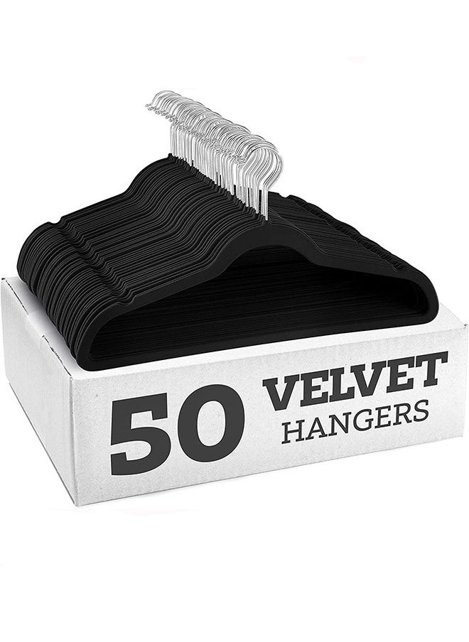 Premium Velvet Hangers 50 Pack, Non-Slip Flocked Felt Hangers, Sturdy Clothes Hangers Heavy Duty Coat Hangers and Suit Hangers, Durable Slim Black Hangers for Closet Space Saving