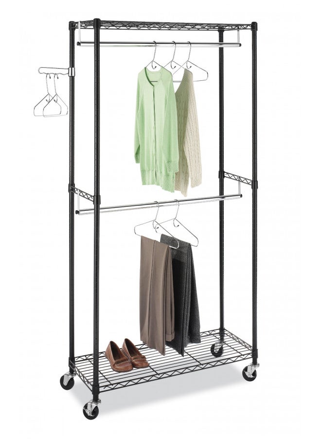 Whitmor 6070-3366-BB Supreme Double Rod Garment Rack Rolling Clothes Organizer - Black with Chrome