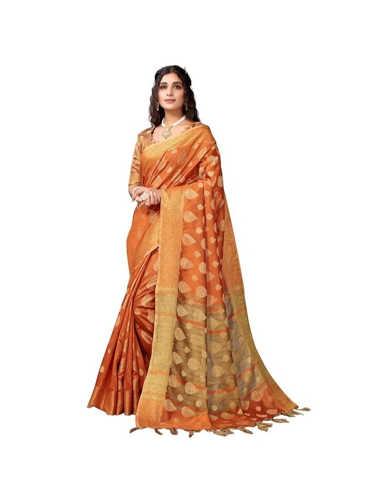 Women's Tassel & Self Woven Cotton Silk Saree with Unstitched Blouse Piece