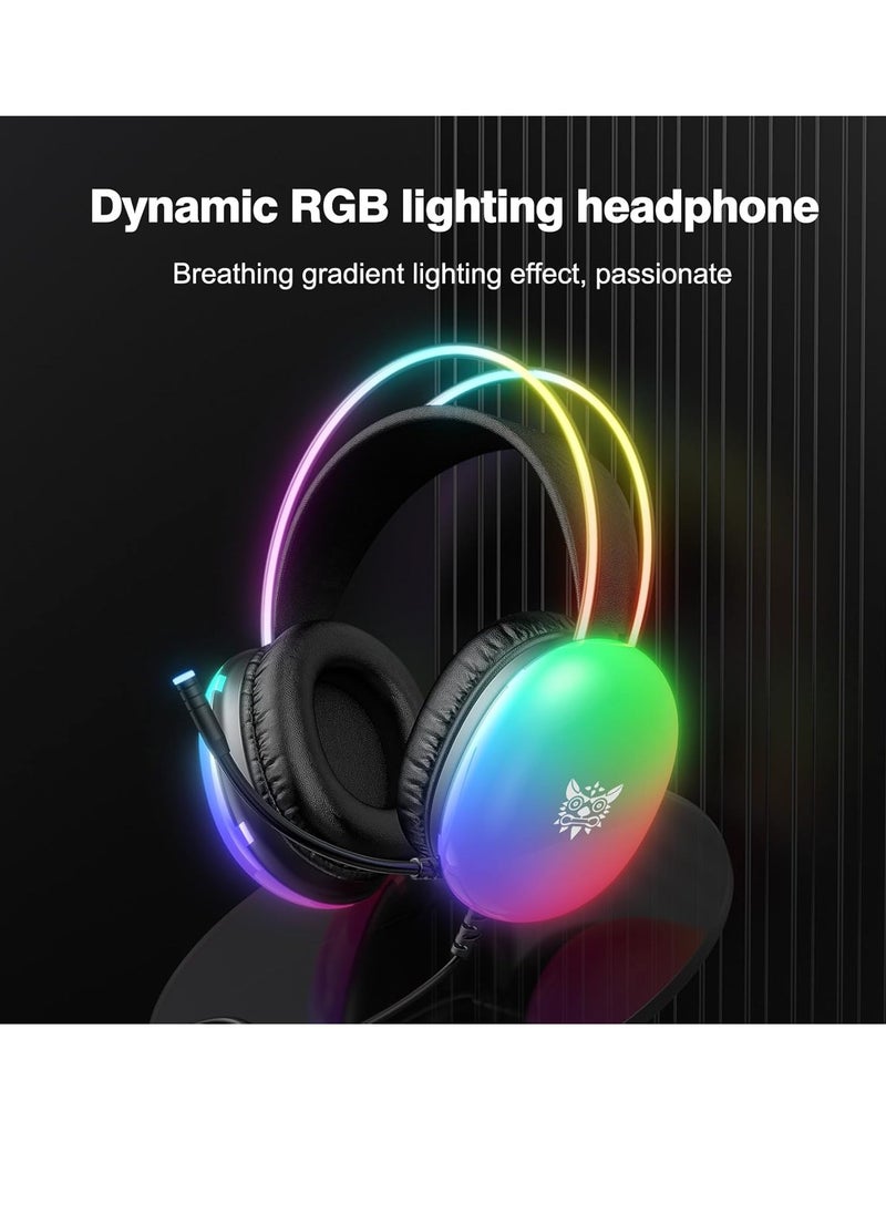 RGB Gaming Headset with Surround Sound – Wired Over-Ear Headphones for PC, Laptop, PS4, PS5, and Xbox with Adjustable Headband in Cool Black