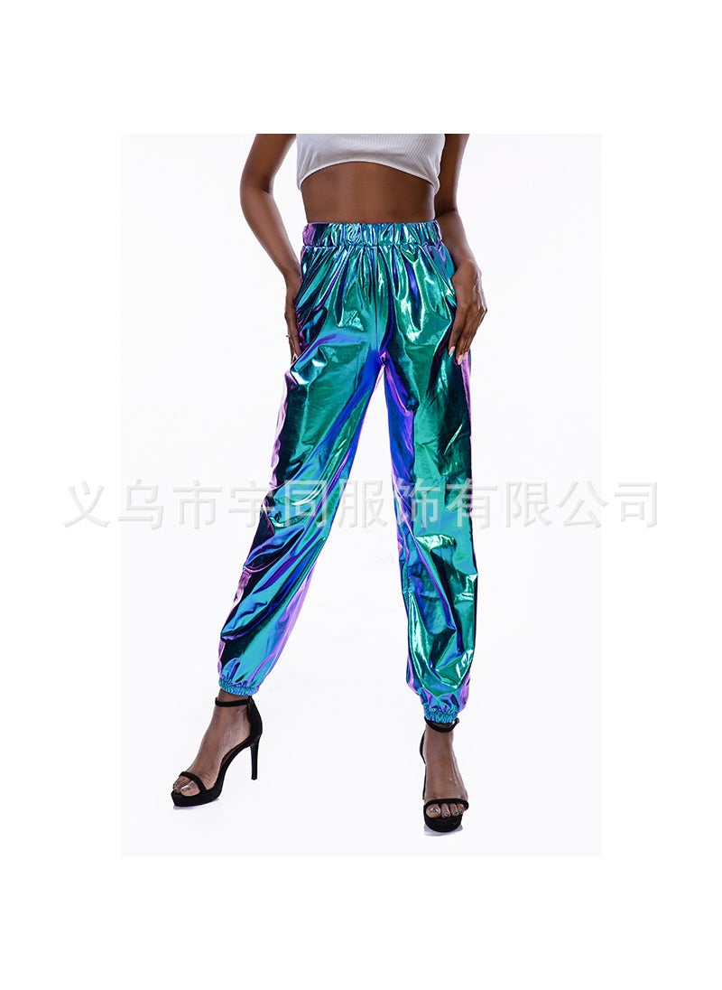 European and American explosions large size womens pants spring and summer loose casual street metal laser color factory direct loose pants women Laser Blue