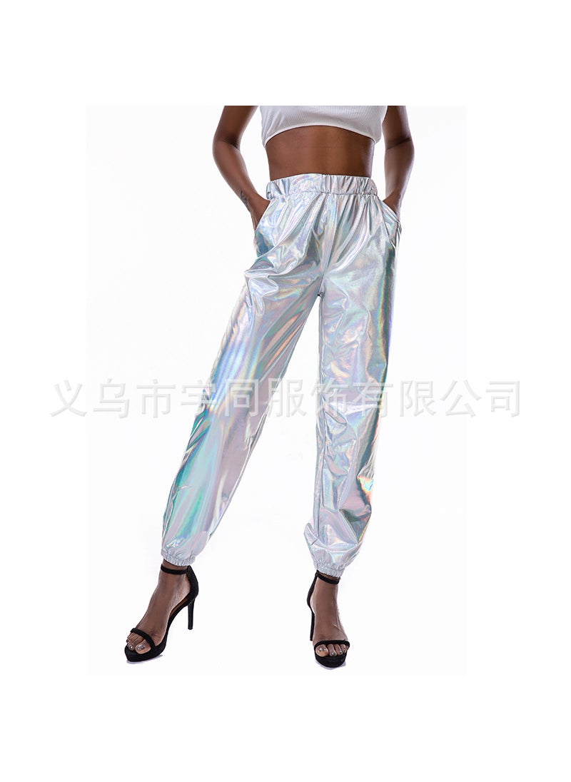 European and American explosions large size womens pants spring and summer loose casual street metal laser color factory direct loose pants women Laser silver