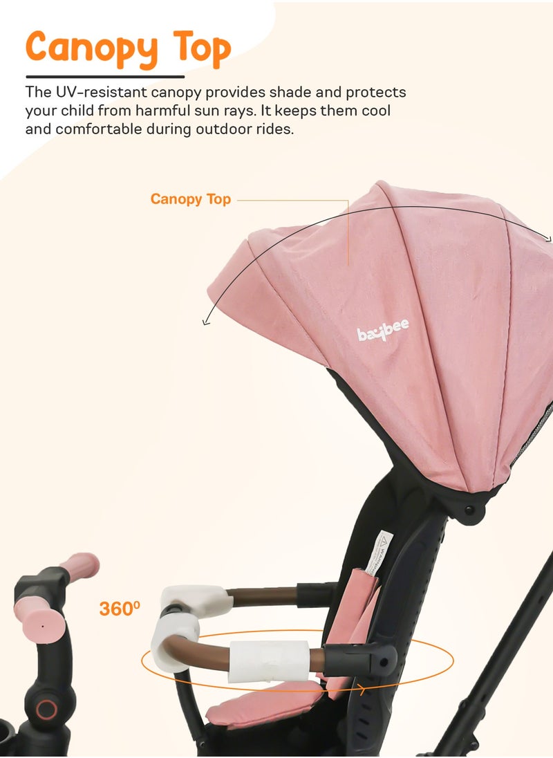 Cozy 7 in 1 Convertible Baby Tricycle for Kids, Foldable Baby Kids Cycle with Parental Push Handle, Canopy, Rotatable Seat, Light, Safety Bar & Belt | Kids Tricycle Cycle for Kids 1.5 to 5 Years Pink