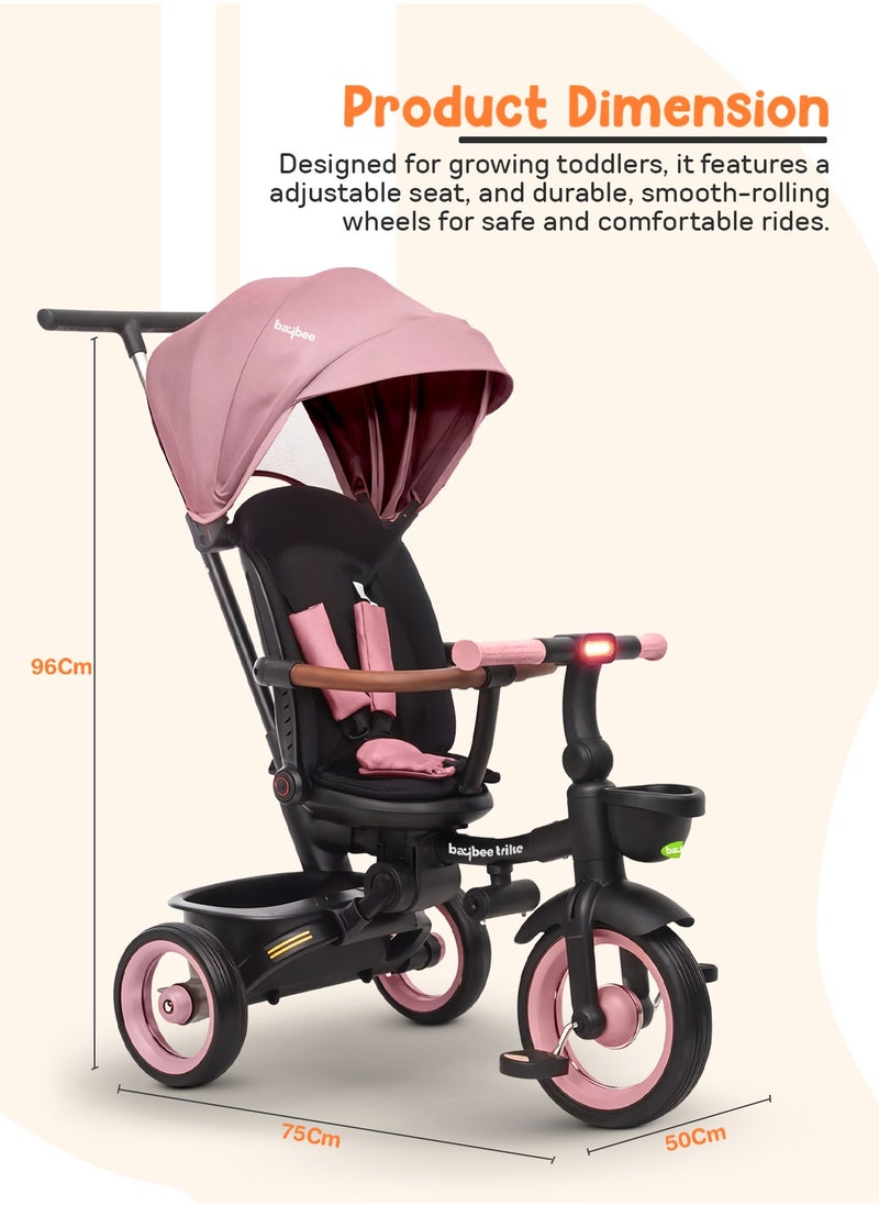 Cozy 7 in 1 Convertible Baby Tricycle for Kids, Foldable Baby Kids Cycle with Parental Push Handle, Canopy, Rotatable Seat, Light, Safety Bar & Belt | Kids Tricycle Cycle for Kids 1.5 to 5 Years Pink