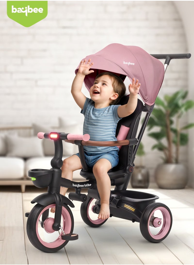 Cozy 7 in 1 Convertible Baby Tricycle for Kids, Foldable Baby Kids Cycle with Parental Push Handle, Canopy, Rotatable Seat, Light, Safety Bar & Belt | Kids Tricycle Cycle for Kids 1.5 to 5 Years Pink