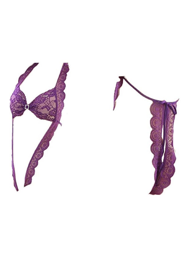 Halter Lingerie Lace Teddy Bodysuit Nightwear Purple