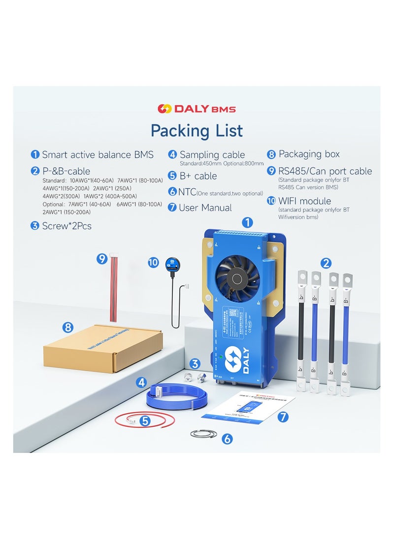 DALY Smart Active Balance BMS 40A to 60A 4S-24S UART & CAN/RS485 Protection Board with Build-in Bluetooth and NTC for LFP/NCM/LTO Lithium Battery Pack