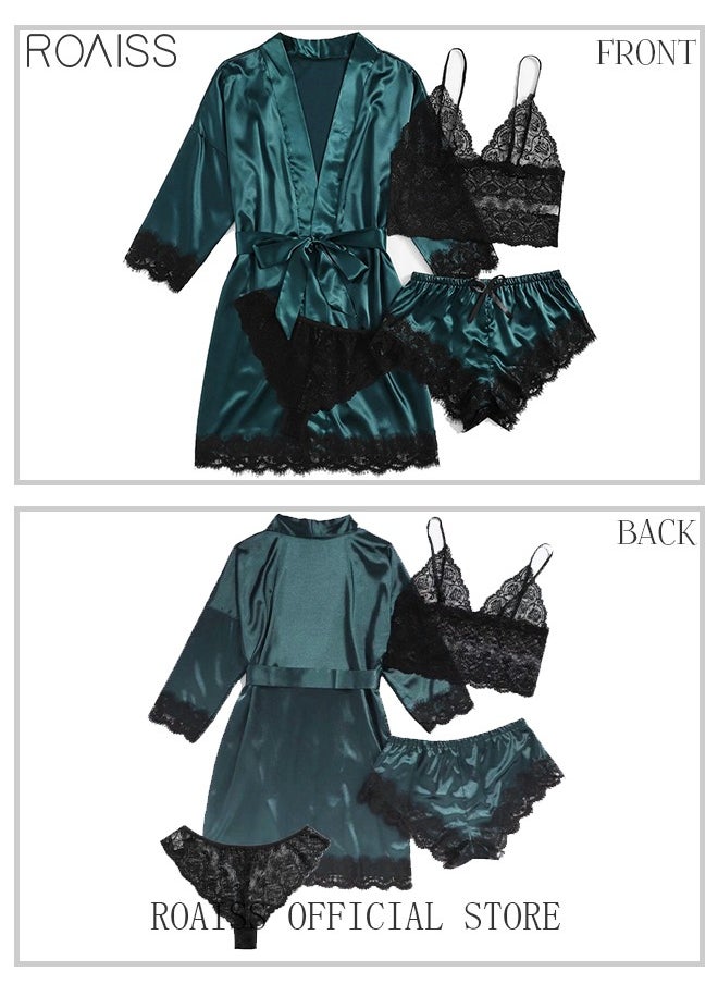 4 Pack Women's Nightwear Set Silk Satin Sleepwear Pajama Summer Home Wearing Clothes Suits Embroidered Breathable Ladies Lingerie Robe Nightdress Underwear Panties