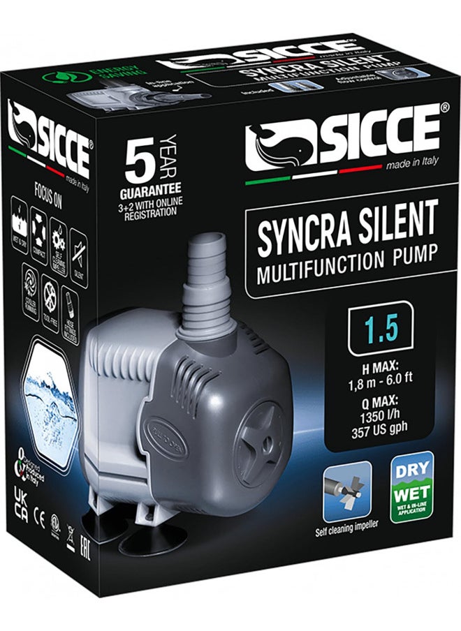 SICCE Syncra Silent 1.5 Multifunction 357 GPH Submersible Water Pump | Italian Made 23W Ultra Quiet Durable Aquarium Fish Tank, Fountain, Pond, Hydroponics, Terrarium Black | Freshwater & Saltwater