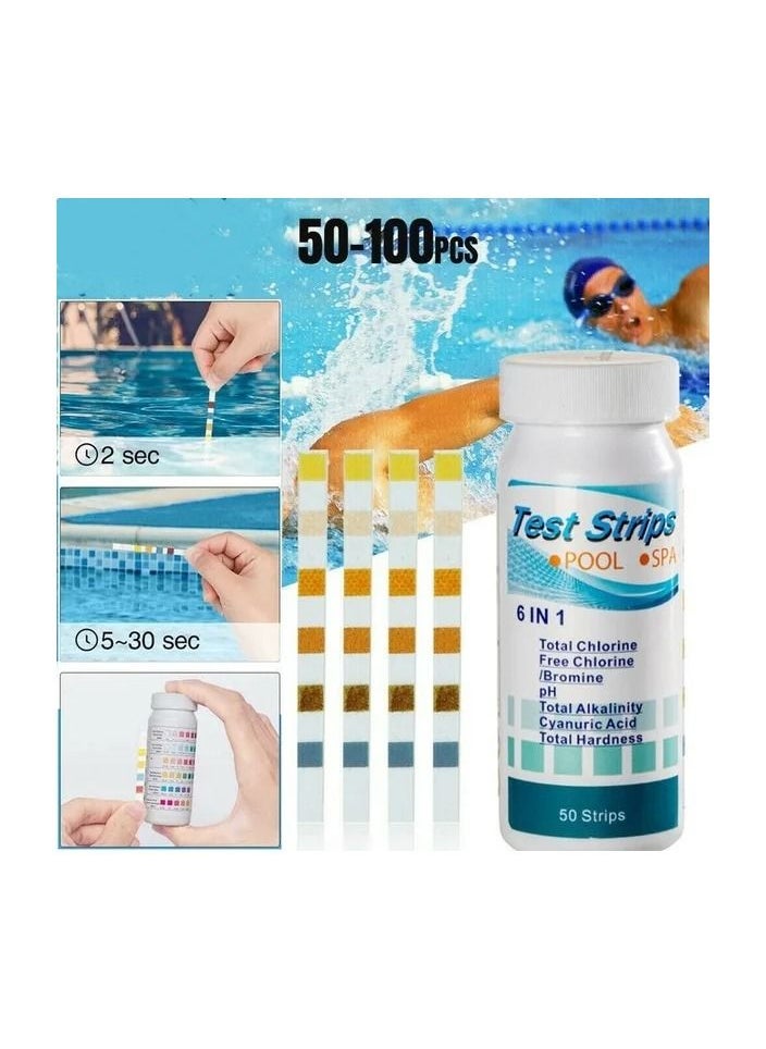 50-Pieces/Bottle 6-In-1 Multipurpose Chlorine PH Test Strips,SPA Swimming Pool Water Tester Paper