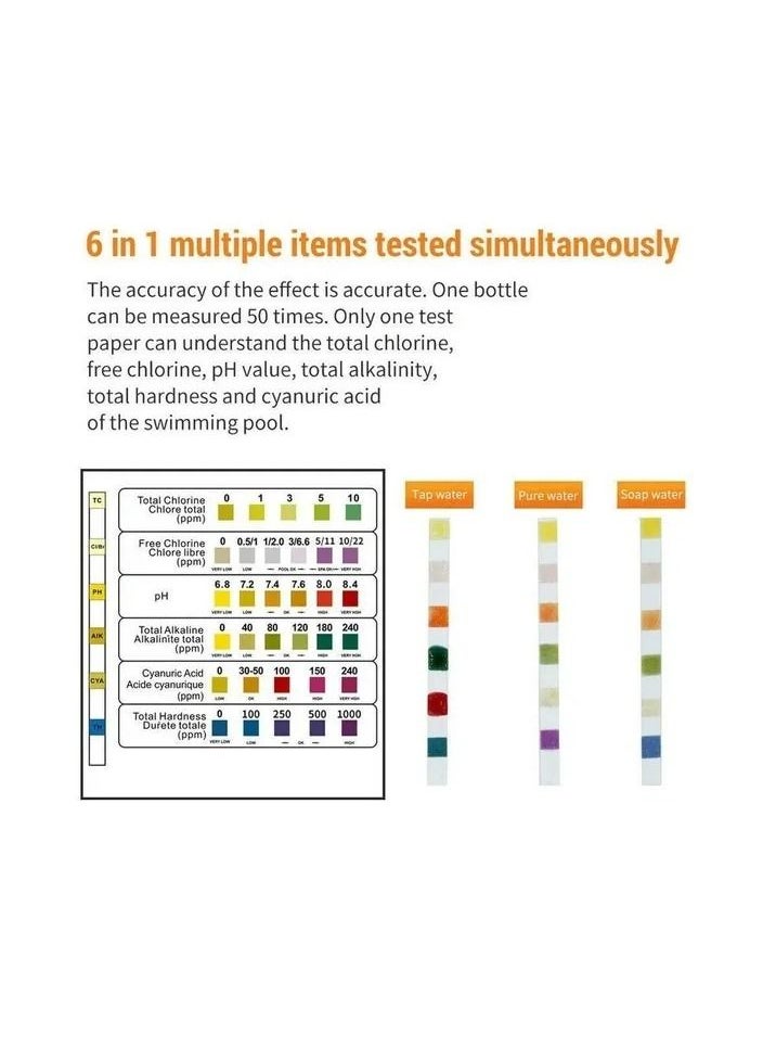 50-Pieces/Bottle 6-In-1 Multipurpose Chlorine PH Test Strips,SPA Swimming Pool Water Tester Paper