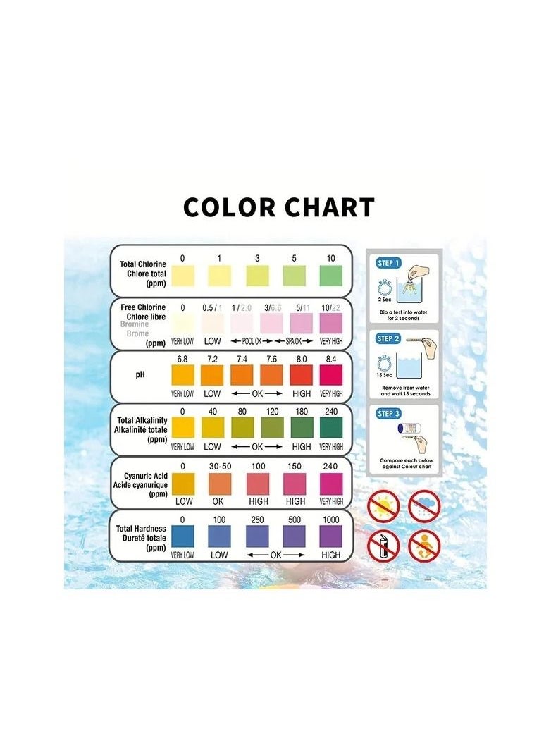 50-Pieces/Bottle 6-In-1 Multipurpose Chlorine PH Test Strips,SPA Swimming Pool Water Tester Paper