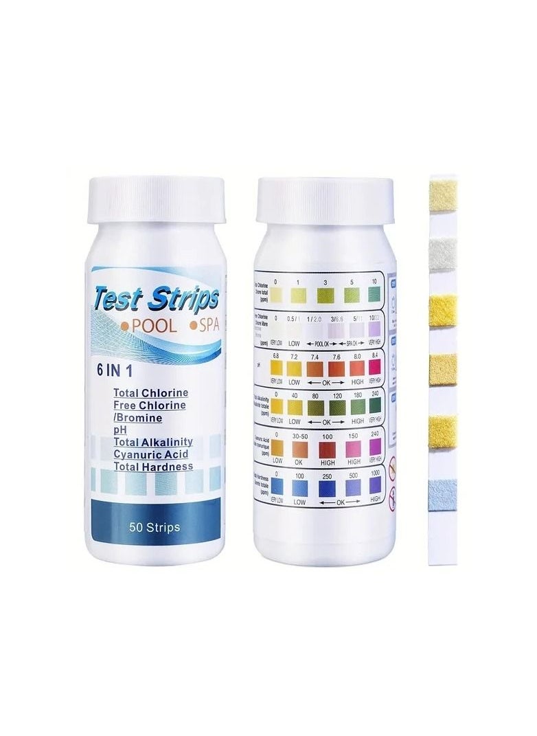 50-Pieces/Bottle 6-In-1 Multipurpose Chlorine PH Test Strips,SPA Swimming Pool Water Tester Paper