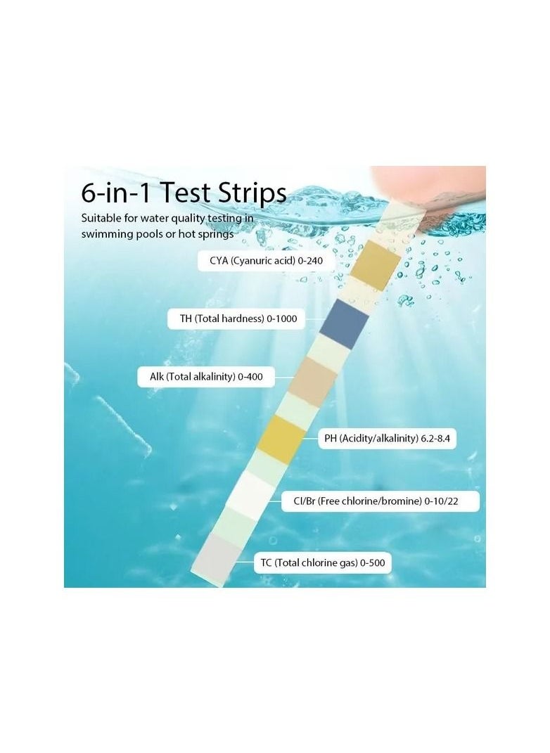50-Pieces/Bottle 6-In-1 Multipurpose Chlorine PH Test Strips,SPA Swimming Pool Water Tester Paper