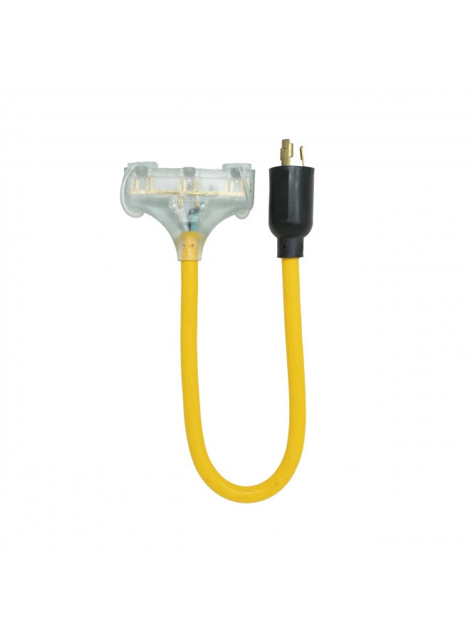 Coleman Cable 90848802 Generator Power Cord Adapter, 12/3 Splitter 3-way Adapter, L5-20P to (3) Lighted 5-15R, 2-Foot,Yellow