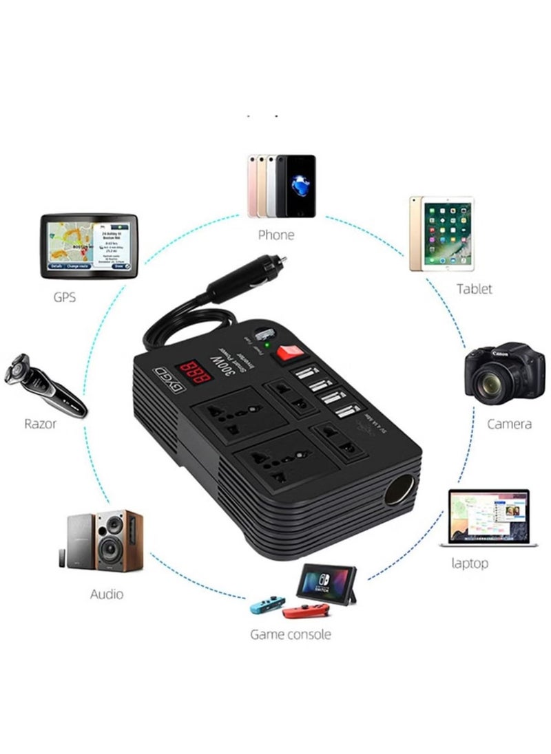 300W Car Power Inverter DC 12V/24V to 220V AC with 4 USB Ports Fast Charging with 2 Universal Sockets with Multifunctional LED Display Photovoltaic Inverter