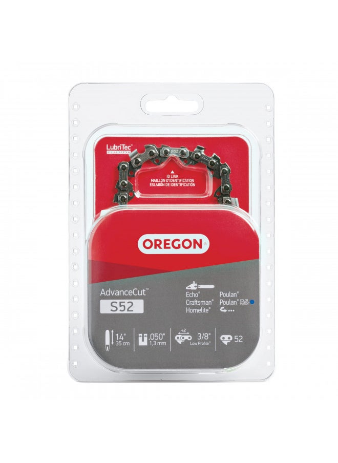 Oregon S52 AdvanceCut Chainsaw Chain for 14-Inch Bar -52 Drive Links low-kickback chain fits Echo, Craftsman, Poulan and more, Grey, 1 Pack