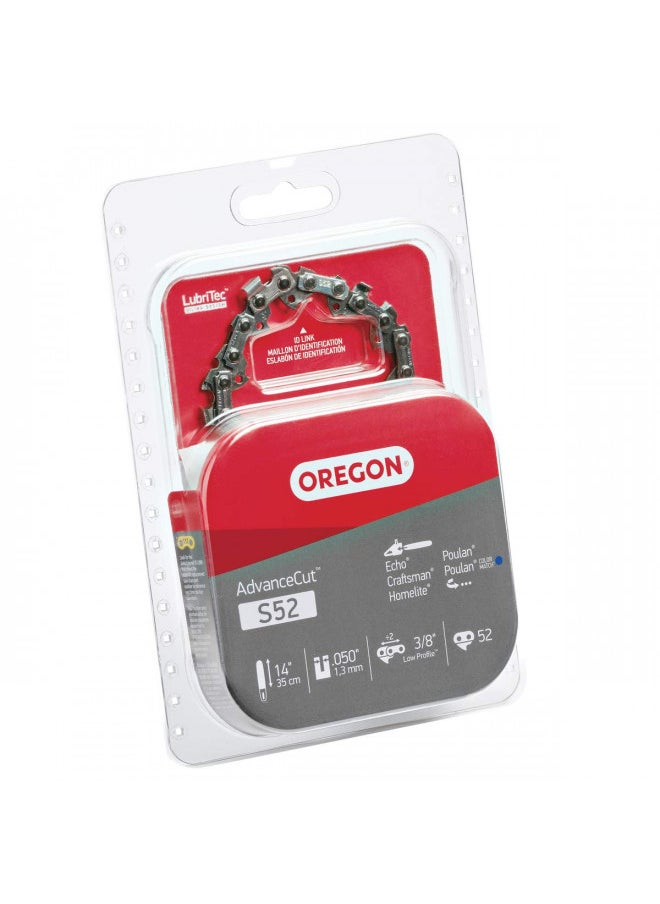 Oregon S52 AdvanceCut Chainsaw Chain for 14-Inch Bar -52 Drive Links low-kickback chain fits Echo, Craftsman, Poulan and more, Grey, 1 Pack