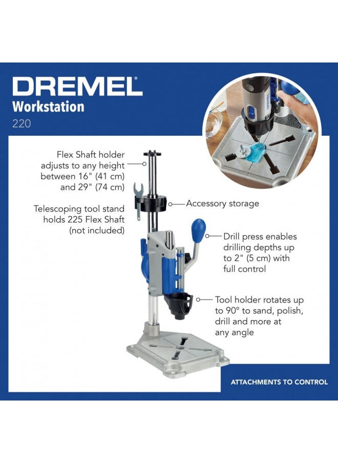 Dremel Drill Press Rotary Tool Workstation Stand with Wrench- 220-01- Mini Portable Drill Press- Tool Holder- 2 Inch Drill Depth- Ideal for Drilling Perpendicular and Angled Holes- Table Top Drill , Silver