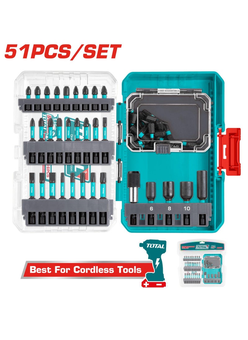 Total 51 Pcs Impact Screwdriver Bits Set – Includes 29pcs 25mm, 17pcs 50mm, 3pcs Magnetic Nuts (6mm, 8mm, 10mm), 2 Impact Bit Holders – Compatible with Impact Drivers and Drills – Packed in Double Blister