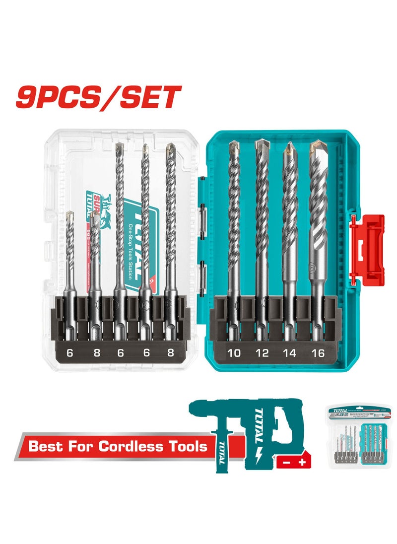 Total 9 Pcs SDS Plus Hammer Drill Bits Set – 6mm to 16mm Sizes– Premium Quality, Heavy Duty, Ideal for Concrete, Masonry & Brickwork – Packed in Double Blister