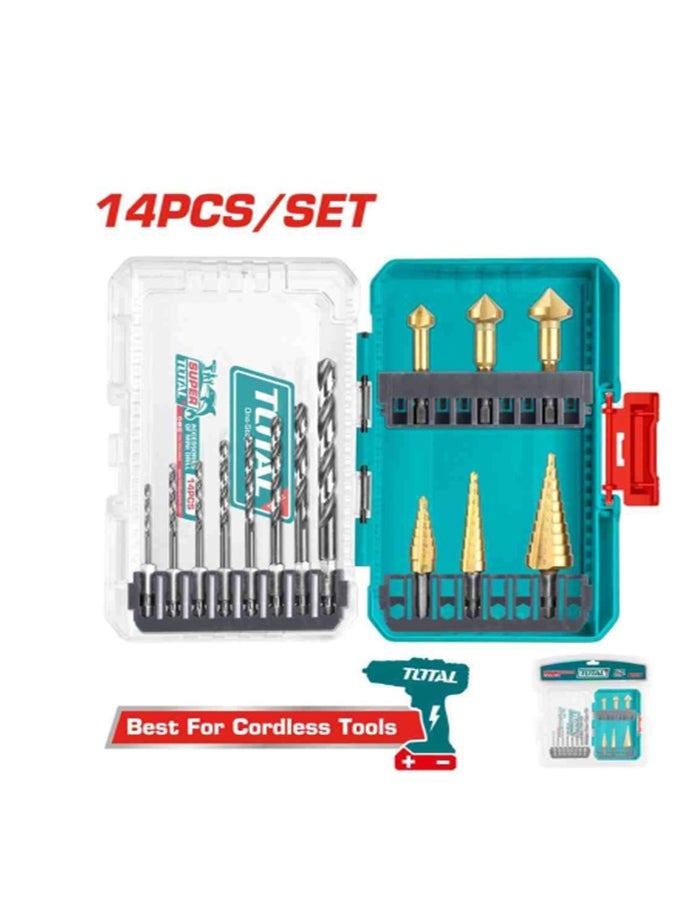 Total 14 Pcs 4341 HSS Drill Bits and Step Drill Bits Set – Includes 8 Hex Shank HSS Drill Bits (2mm-8mm), 3 Step Drill Bits (4-22mm), 3 Extension Drill Bits (12.4mm-20.5mm) – Ideal for Metal, Wood, and Plastic