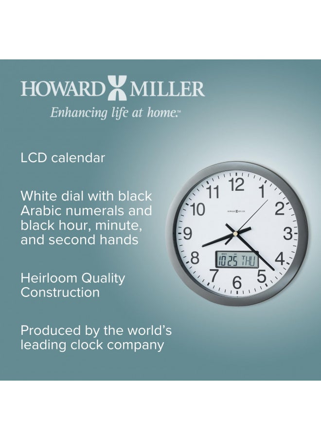 Howard Miller Chronicle Wall Clock 625-195 Modern Metallic Grey, Flat Bezel Framing, Displays LCD Calendar (Month, Day, Day of Week), Quartz Movement