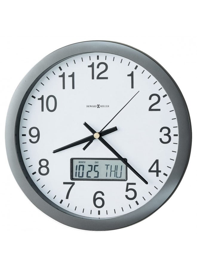 Howard Miller Chronicle Wall Clock 625-195 Modern Metallic Grey, Flat Bezel Framing, Displays LCD Calendar (Month, Day, Day of Week), Quartz Movement