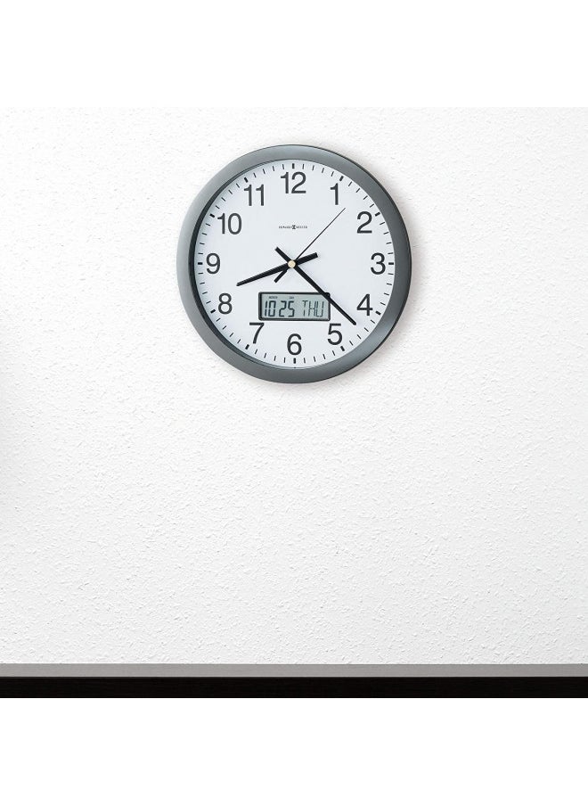 Howard Miller Chronicle Wall Clock 625-195 Modern Metallic Grey, Flat Bezel Framing, Displays LCD Calendar (Month, Day, Day of Week), Quartz Movement