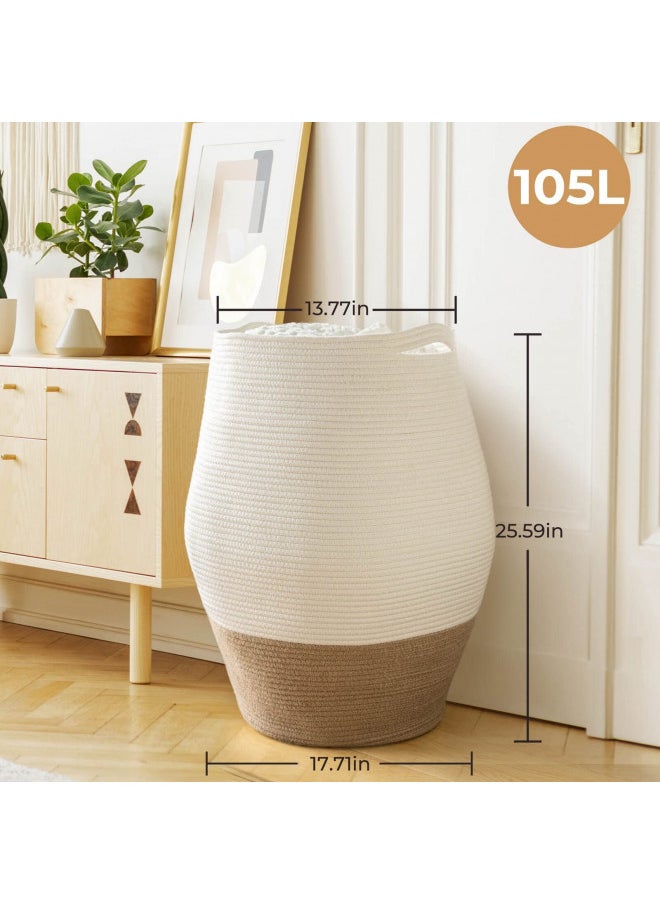 Goodpick Large Laundry Hamper | Tall Wicker Hamper Laundry Basket, Soft Cotton Rope Woven Hamper, Farmhouse Design Graceful Curve Basket 25.6 Inches Height