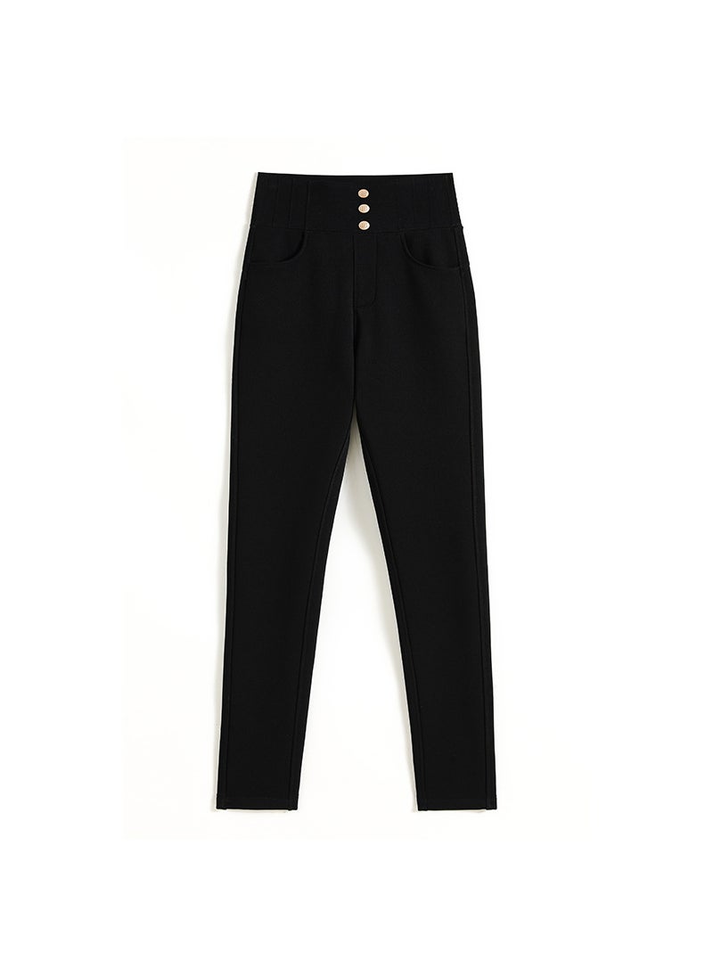 High-Waist Velvet-Lined Slim Black Pants Women Lambswool