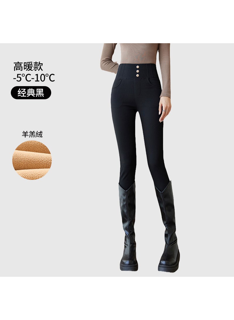 High-Waist Velvet-Lined Slim Black Pants Women Lambswool