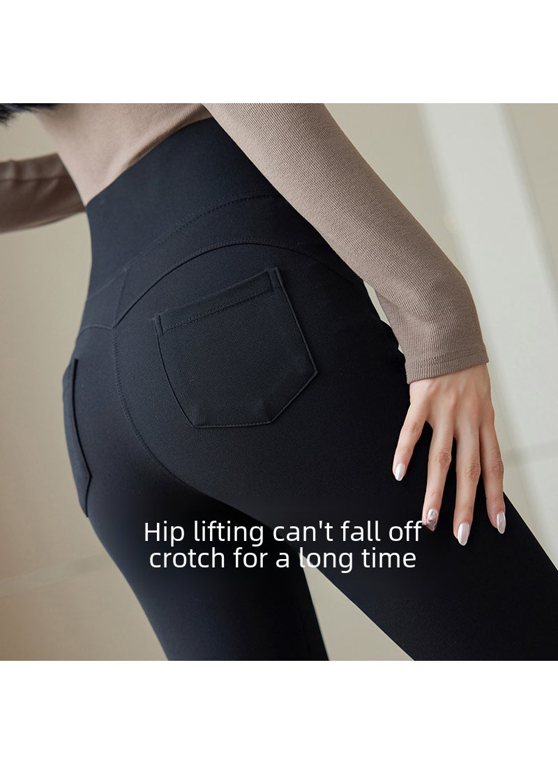 High-Waist Velvet-Lined Slim Black Pants Women Sanding