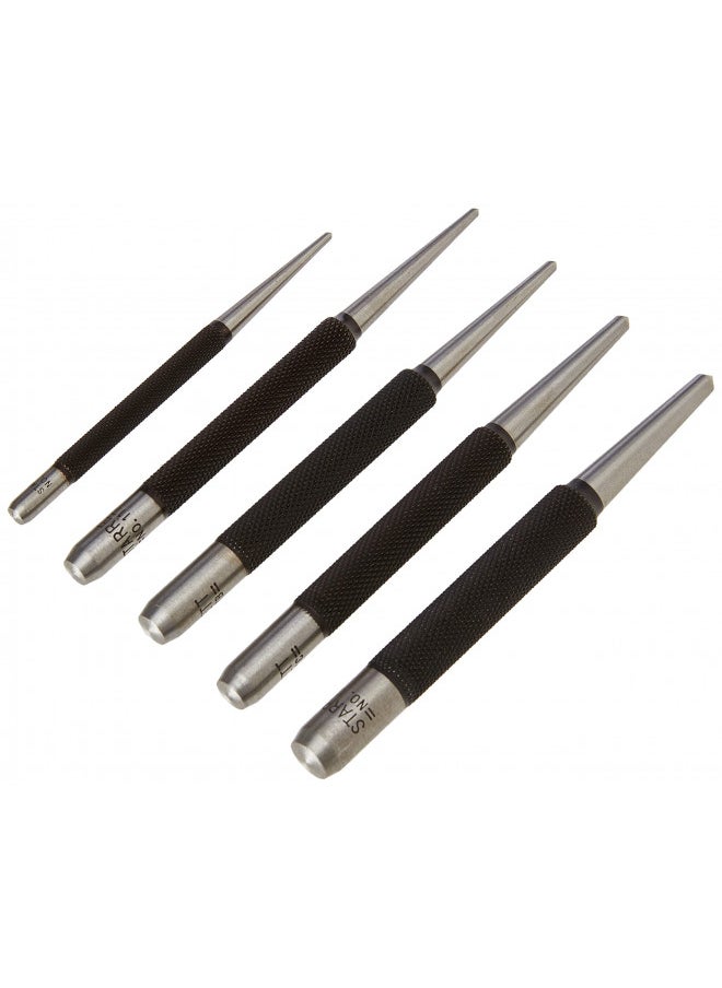 Starrett Steel Center Punch with Round Shank and Knurled Finger Grip - Hardened and Tempered Steel, 04-inch Length, 1/16, 5/64, 3/32, 1/8, 5/32 Diameter Tapered Point, 5 Pieces - S117PC