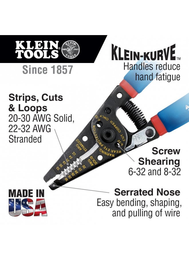 Klein Tools 11057 Wire Cutter / Wire Stripper, Heavy Duty Wire Cutter Stripper for 20-30 AWG Solid Wire and 22-32 AWG Stranded Wire,Blue/Red