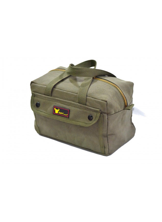 G & F Products Government Issued Style Mechanics Heavy Duty Tool Bag with Brass zipper and side pockets, tool bag for cars, drill, garden, and electrician. Olive Green , 11