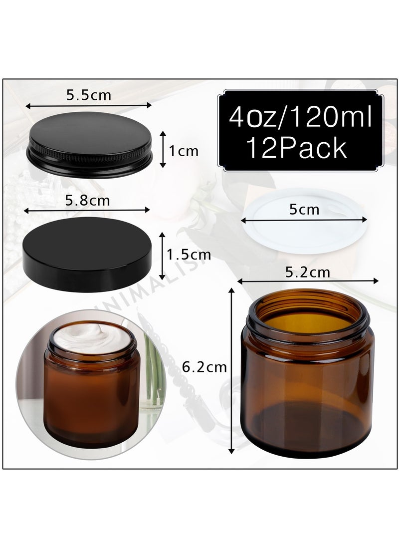 12Pack 4oz Thick Amber Round Glass Jars with 2 Types of Lids – Refillable Thick Glass Containers for Candles, Canning, Food Storage, Cream, Lotion, Body Butter, and DIY Beauty Products