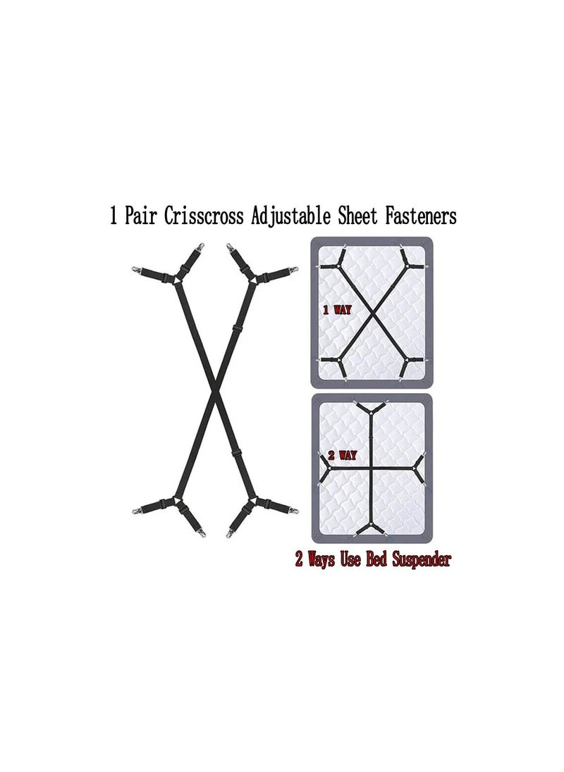 1 Pair Crisscross Adjustable Sheet Fasteners, 2 Ways Use Bed Suspender Cover Grippers Straps Holders