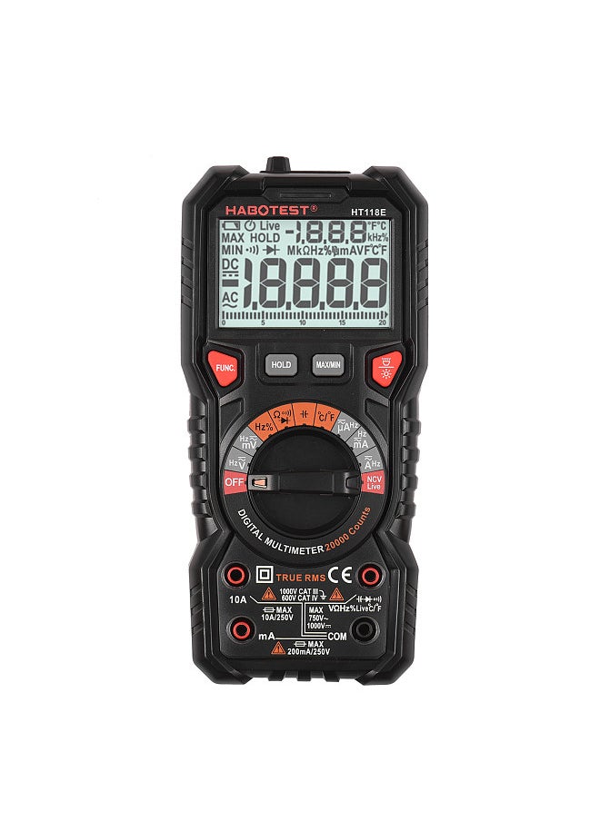 HT118E Digital Multimeter Auto Range Multi-meter 20,000 Counts True RMS Measuring AC/DC Voltage & Current Resistance Capacitance Frequency Temperature Continuity Duty MAX/MIN Mesaurement Live & NCV Test Diode with LCD Backlight Flashlight